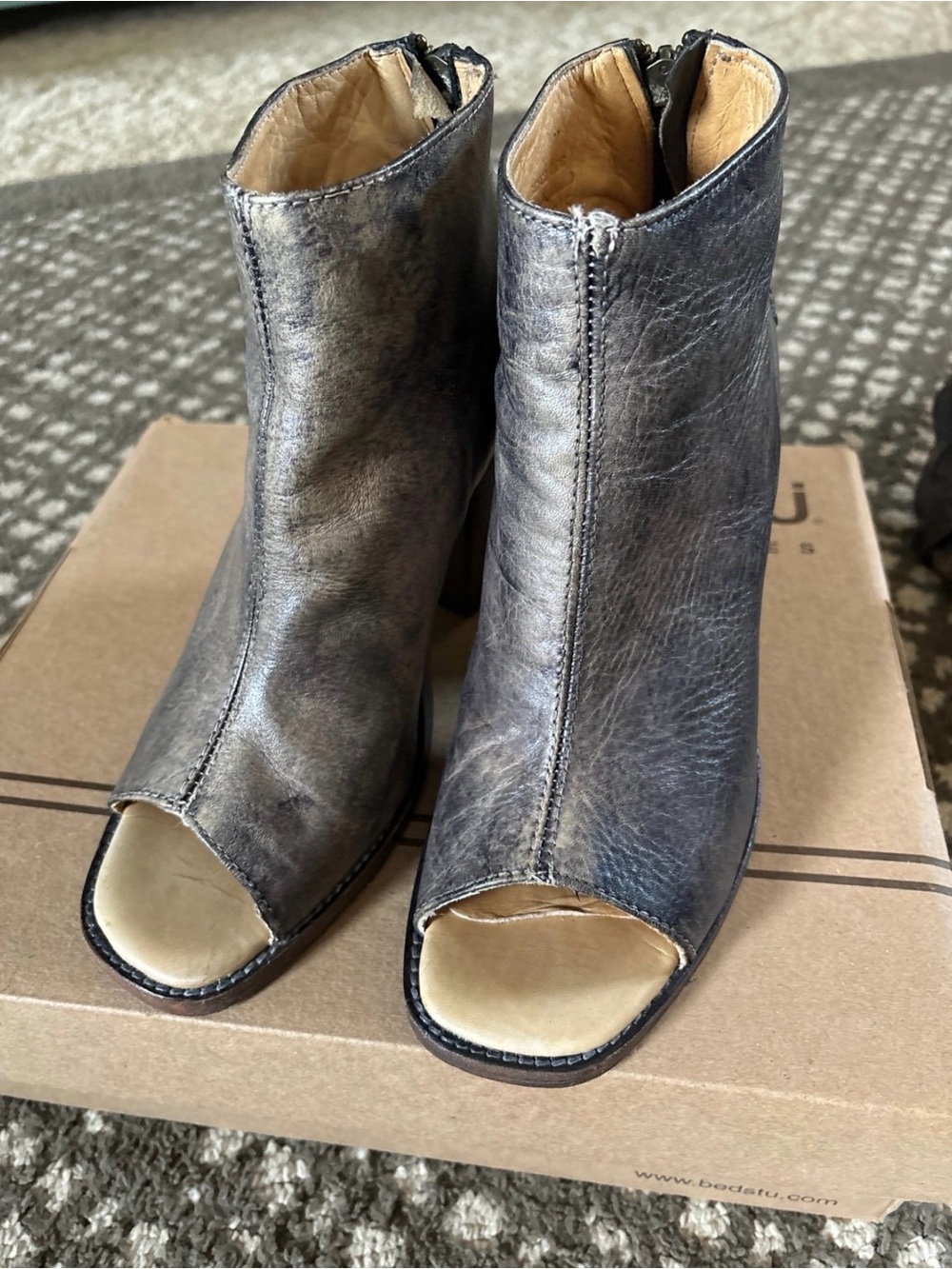 Bed Stu Driftwood Open-Toe Block Heel Booties 8.5